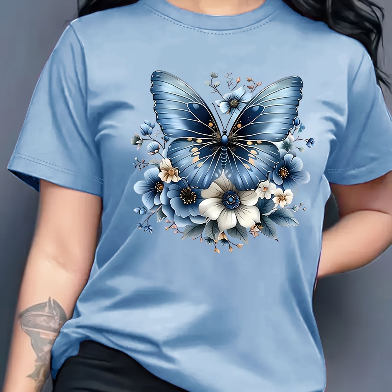 Women'S Floral Butterfly Print T-Shirt, Short Sleeve Crew Neck Casual Top for Spring & Summer, Vibrant Green with White & Blue Flowers, Perfect Birthday or Holiday Gift, Everyday Fashion | Vibrant Casual Top | Glossy Texture