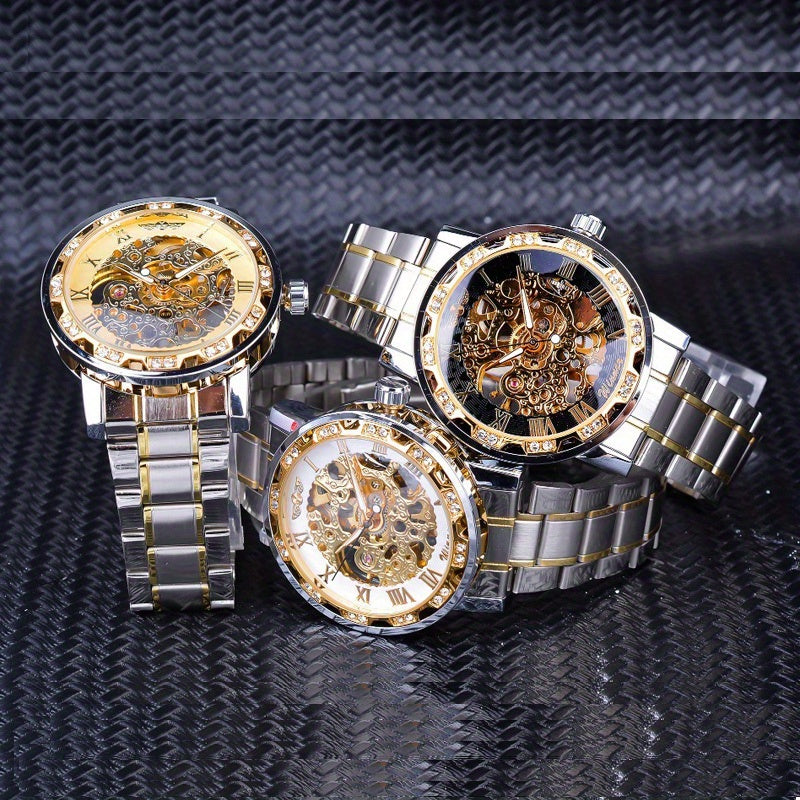 Fashion Classic Roma Watch Men Luxury Golden Skeleton Mechanical Hand Watches Casual Business Wristwatches Men Blue & Golden Accents, Casual Yet Versatile, Best Seller, Ideal Gift, Mechanical Movement, Watch Accessories, With