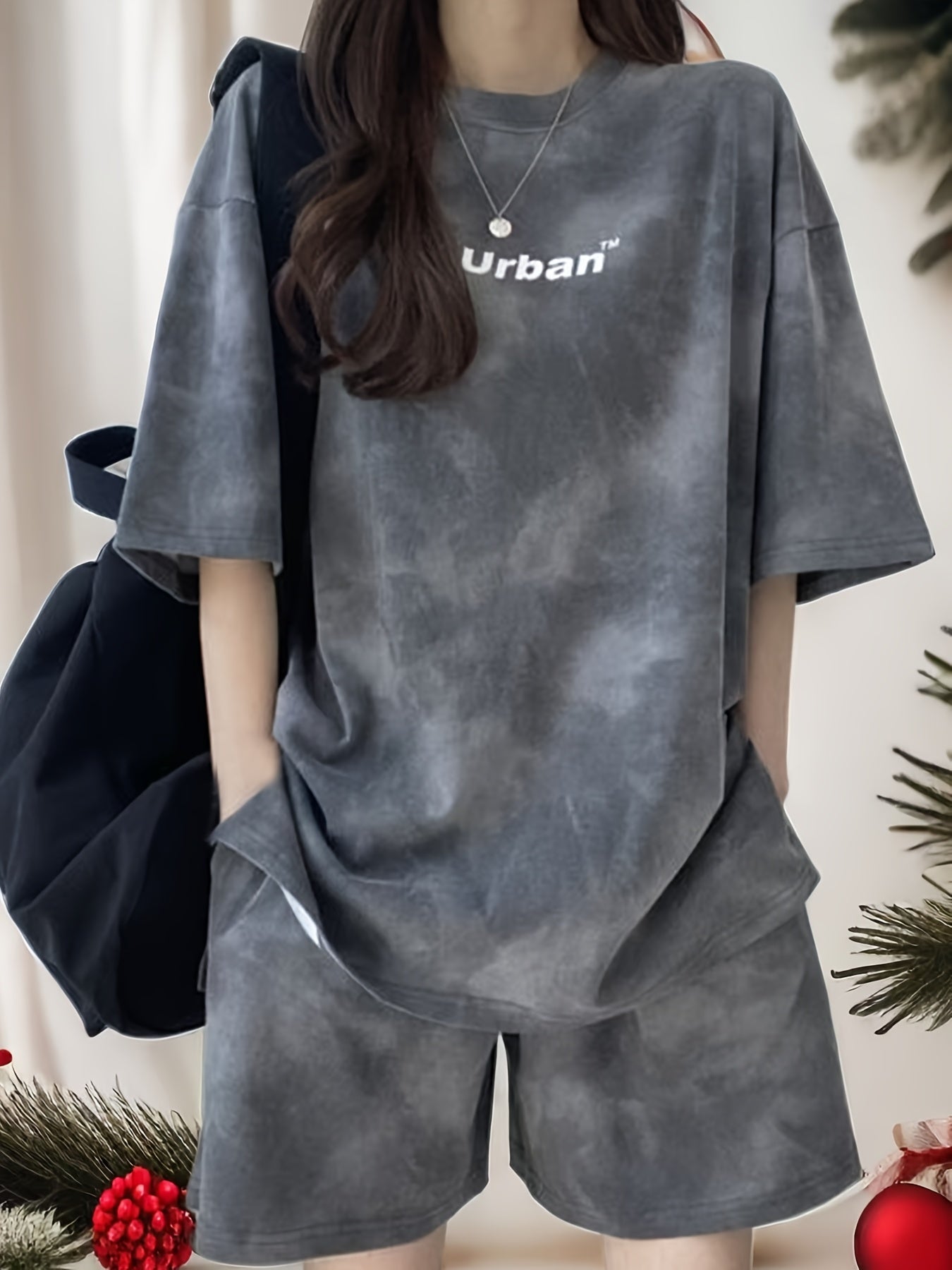 Letter Print Hong Kong Style Comfortable Casual Loose Short Sleeve Shorts Set, Summer Women's Fashionable Versatile Slimming Casual Running Sports Suit Two-Piece Couple Set, Large Size Women's Casual Sports Suit