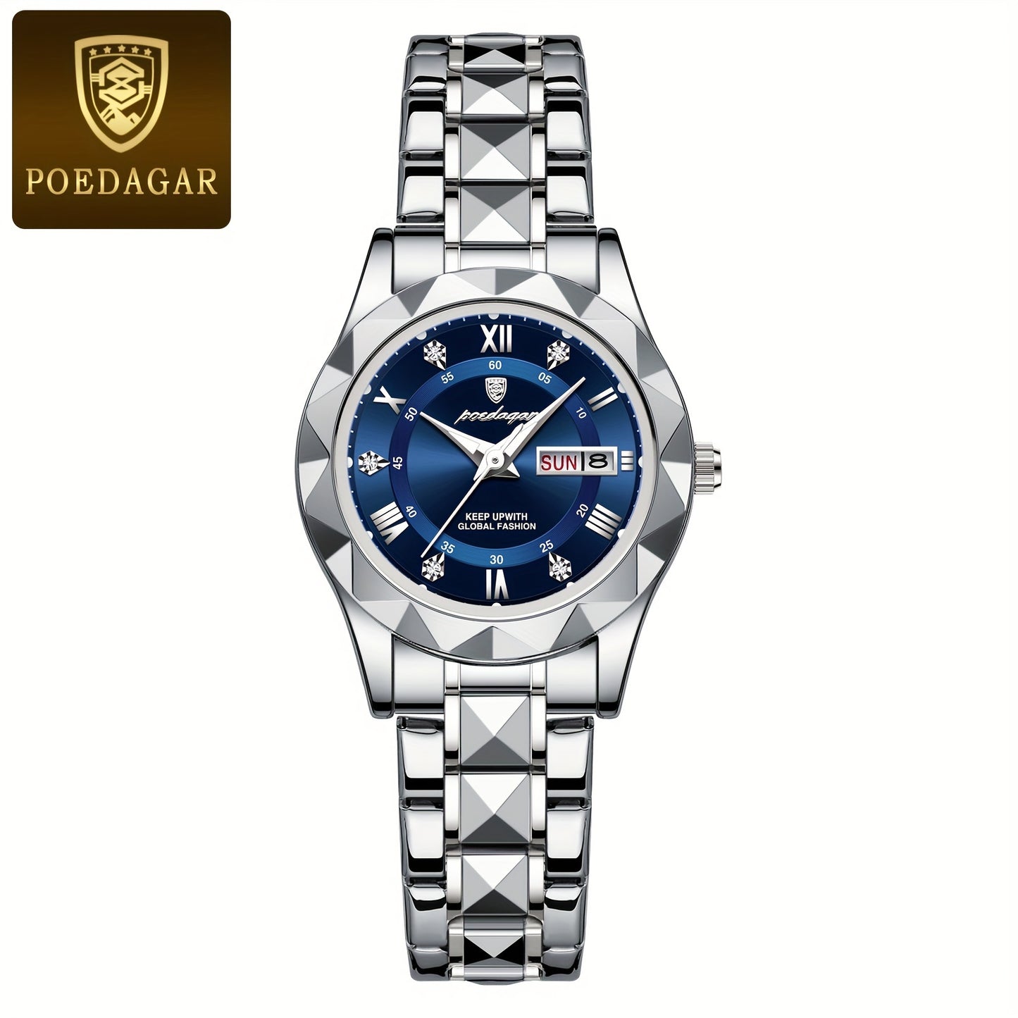 POEDAGAR Women's Elegant Stainless Steel Quartz Watch with Luminous Blue Dial, Roman Numerals, Date Calendar, IPX7 High Quality & -Accented Band for Casual & Formal Wear