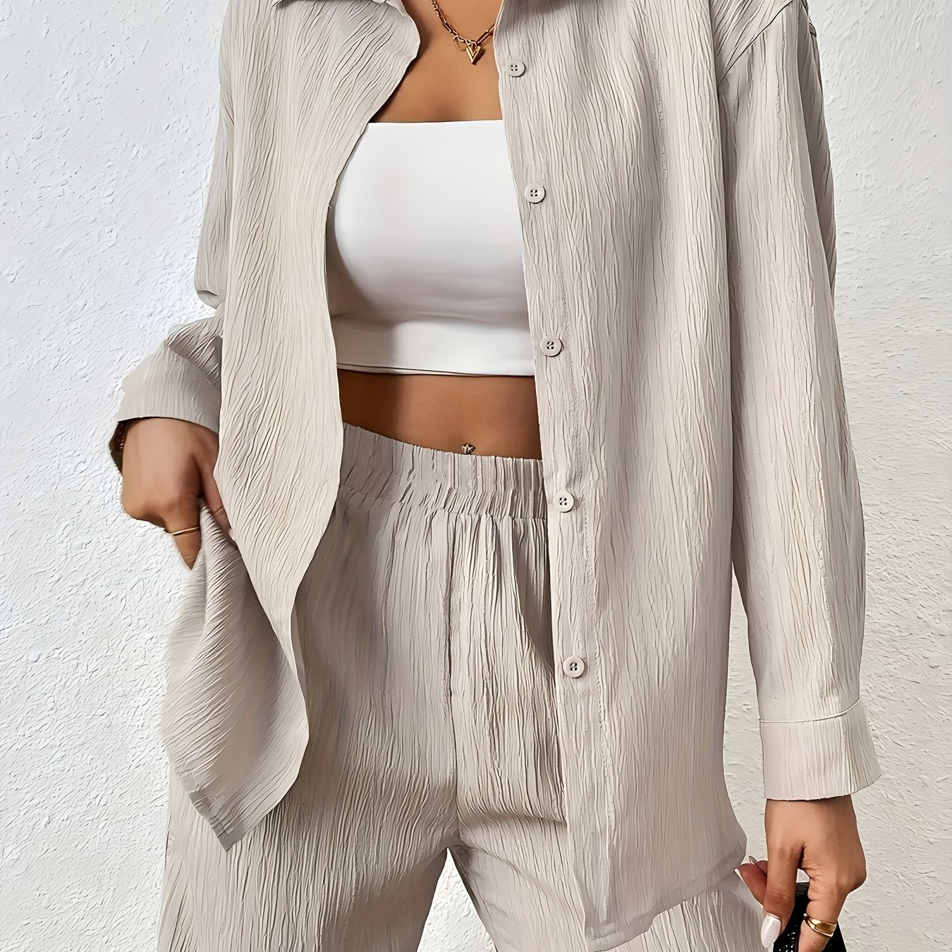 Women'S Casual Solid Color Long Sleeve Shirt + Long Pants 2pcs Set for Spring And Autumn.