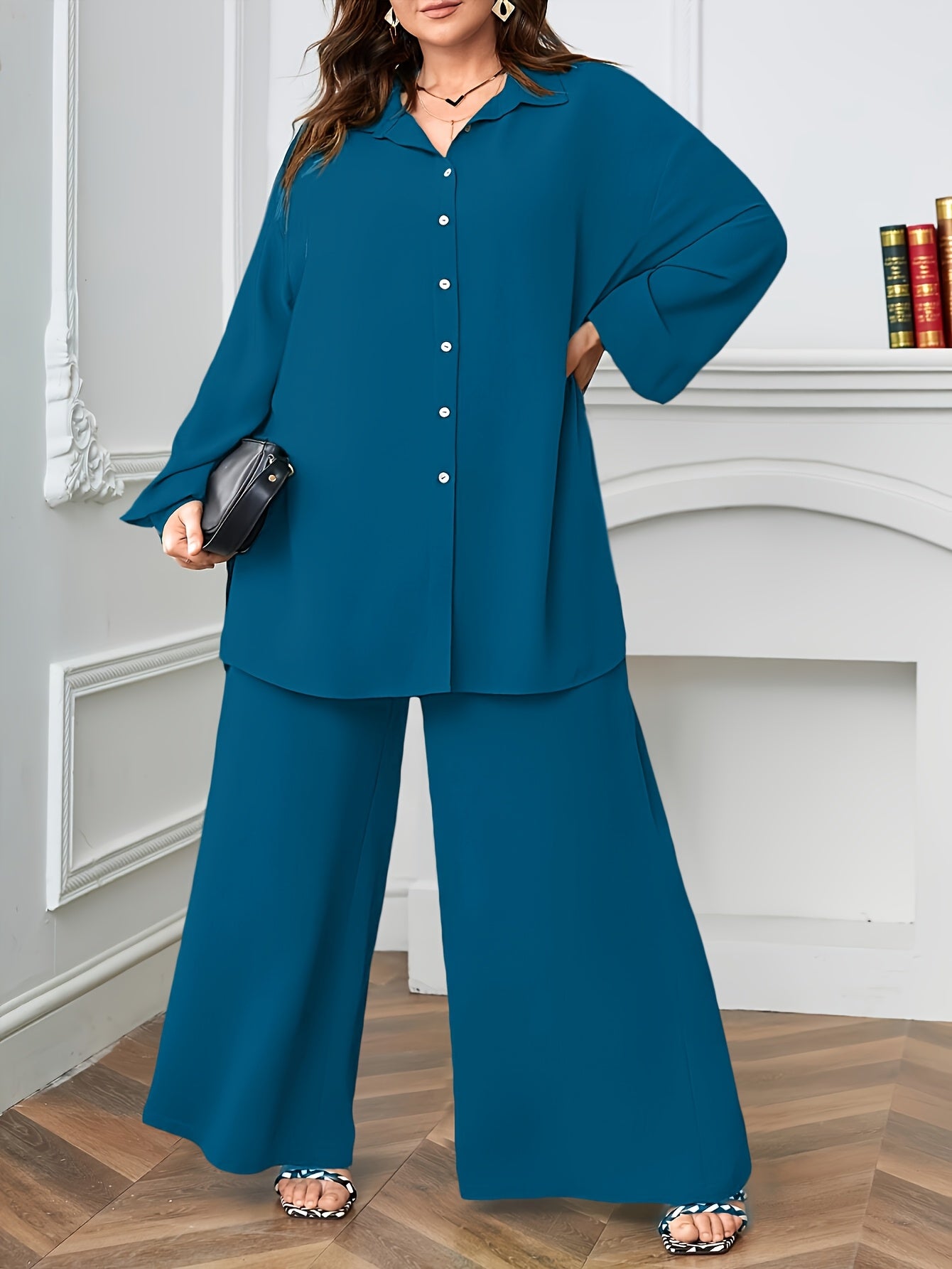 Elegant Plus Size Women'S Two-Piece Set: Stylish V-Neck Blouse & Wide Leg Pants - Perfect for Formal Occasions, Plus Size Blouses