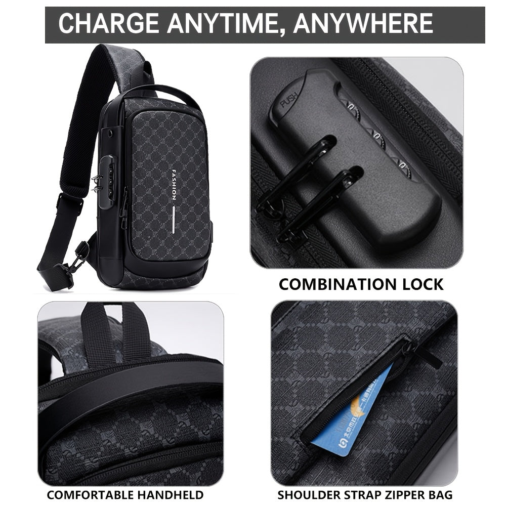 Elegant Black Crossbody Bag with Adjustable Strap, Anti-Theft Zipper Closure, and Polyester Lining - Stylish Chest Bag for Men and Women, Secure Travel Bag|Patterned Chest Bag|Durable Zipper Closure