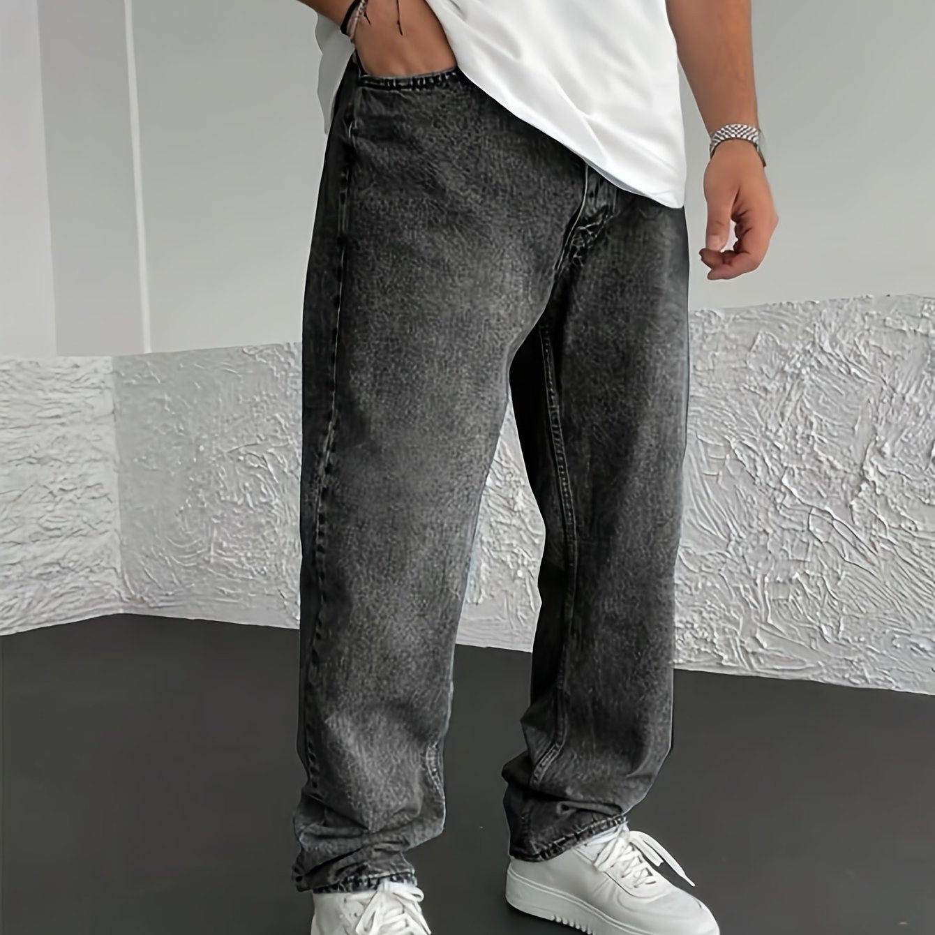 Men'S Loose-Fit Jeans, Cotton Blend Street Style Denim Pants, Non-Stretch Solid Color, Regular Length, with Multiple Pockets for All-Season Wear