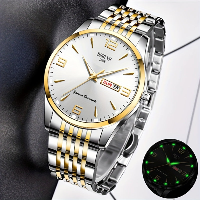 DEBLVE Men's Sleek Business Watch - Ultra-Thin Alloy, Luminous Hands, Calendar & Week Display, Waterproof, Sporty Steel Strap with Secure Clasp