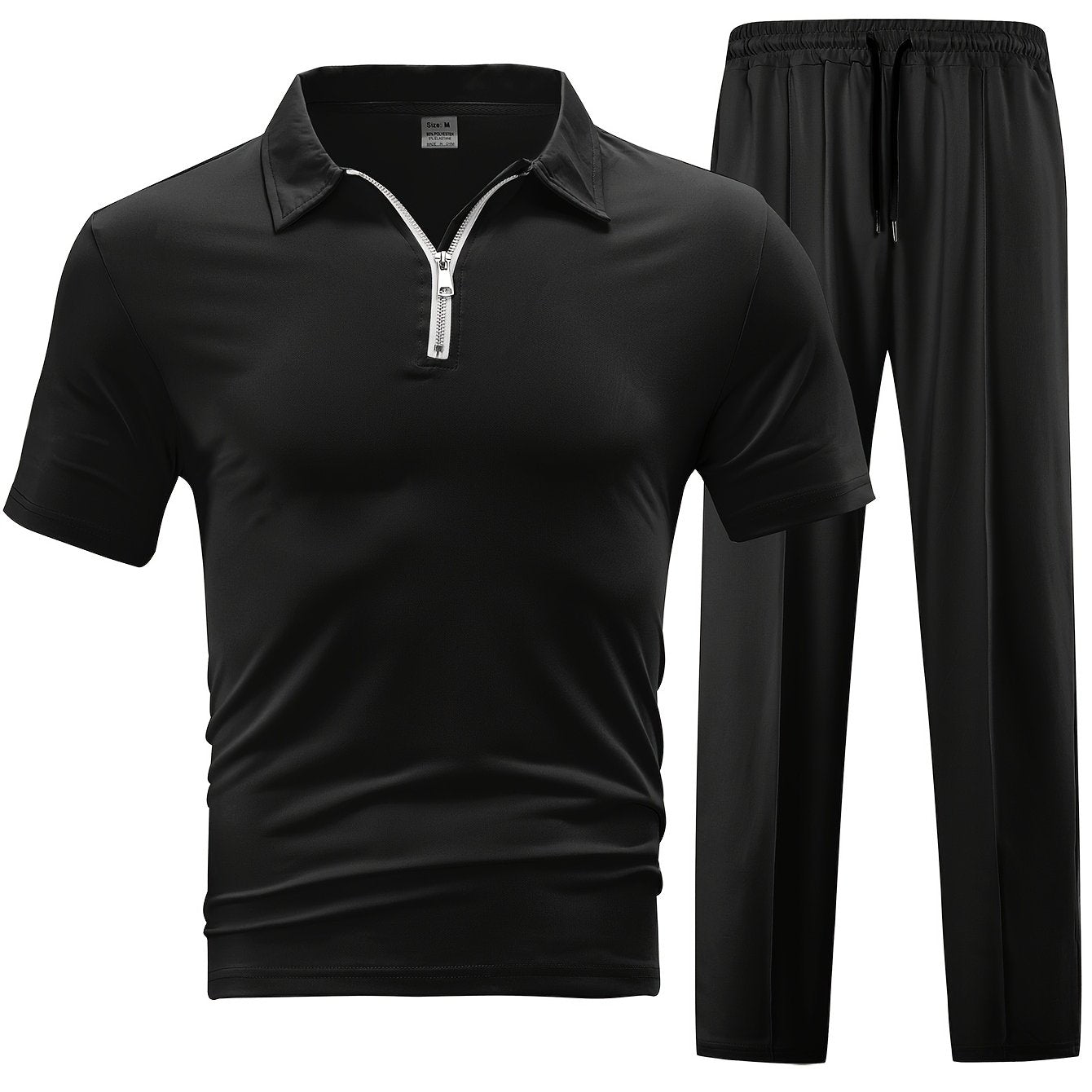 Men'S Casual 2pcs Set Knitted: Zipper Short Sleeve Shirt and Drawstring Pants - Black, Polyester, Suitable for Spring/Summer Casual Wea