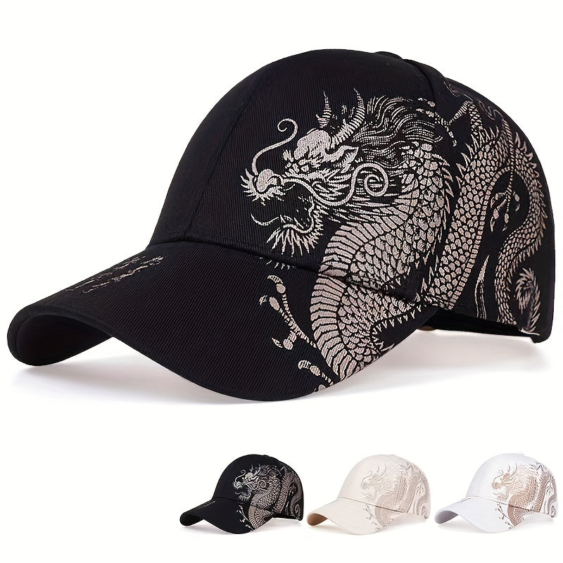 1pc Unisex Sunshade Breathable Adjustable Baseball Cap With Dragon Print For Outdoor Sport, Ideal choice for Gifts