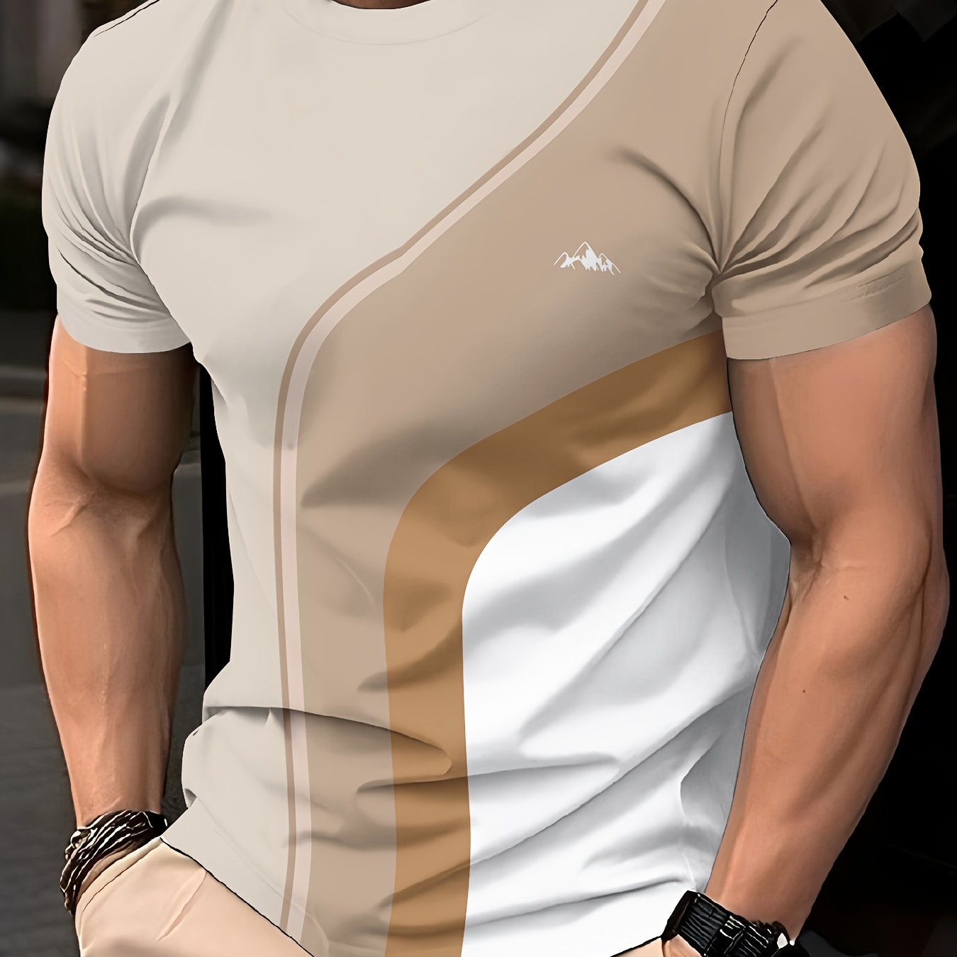 Men'S Beige Geometric Print T-Shirt - Casual Crew Neck, Slight Stretch Fabric, Modern Design with Striking Patterns, Everyday Tshirt | Modern Tshirt | Comfortable Fit