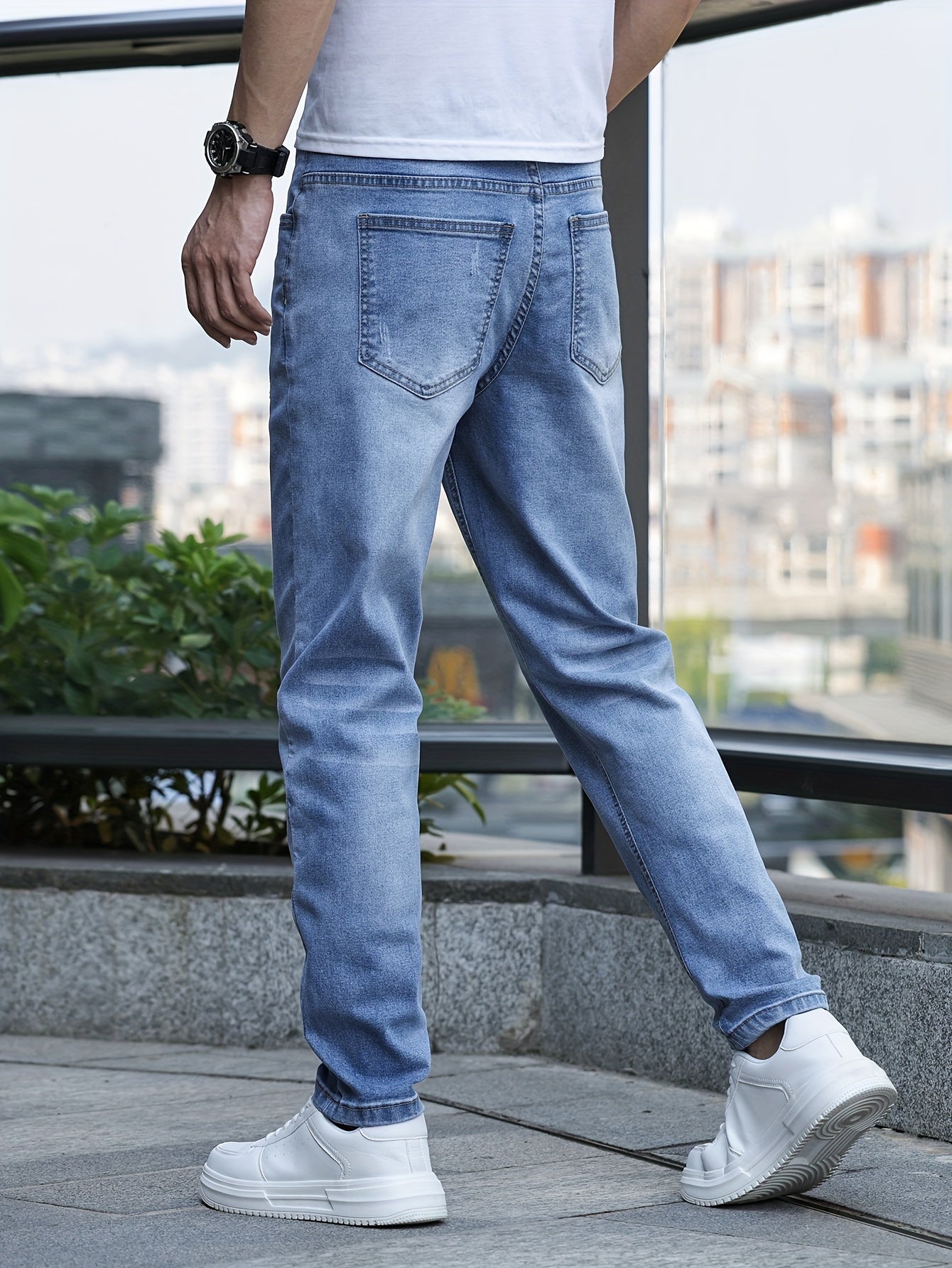 Men's Solid Skinny Cotton Blend Denim Jeans, All Seasons Wearable Medium Stretch Washed Jeans, Suitable For Daily And Outing Wear