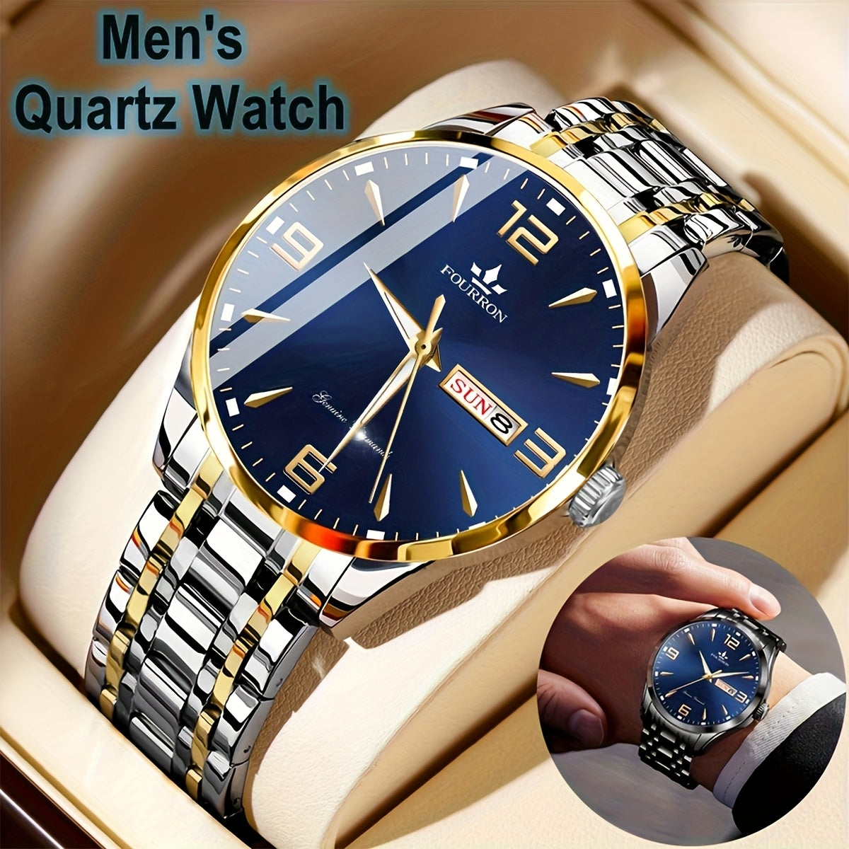 1pc New FOURRON Men's Stainless Steel Strap Quartz Watch - Large HD Scratch Resistant and Wear-Resistant Dial, IPX7 Waterproof, Luminous, Date & Calendar Function, Silent Movement, Stylish Gift for Him