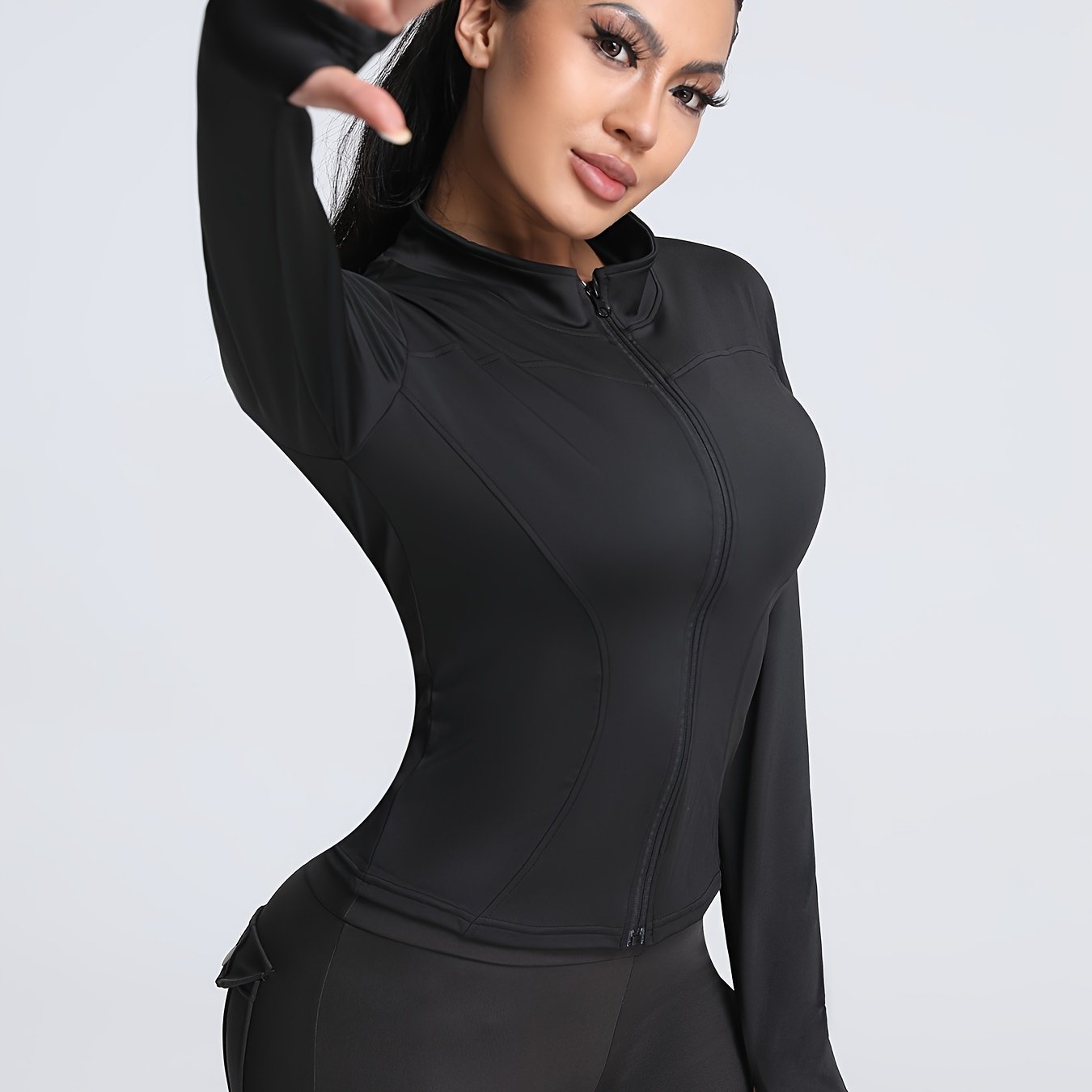 Women's Sleek Black Athletic Zip-Up Jacket - Comfortable Stretch Knit, Long Sleeve, Thumb Holes, Machine Washable - Perfect for Fitness & Casual Wear