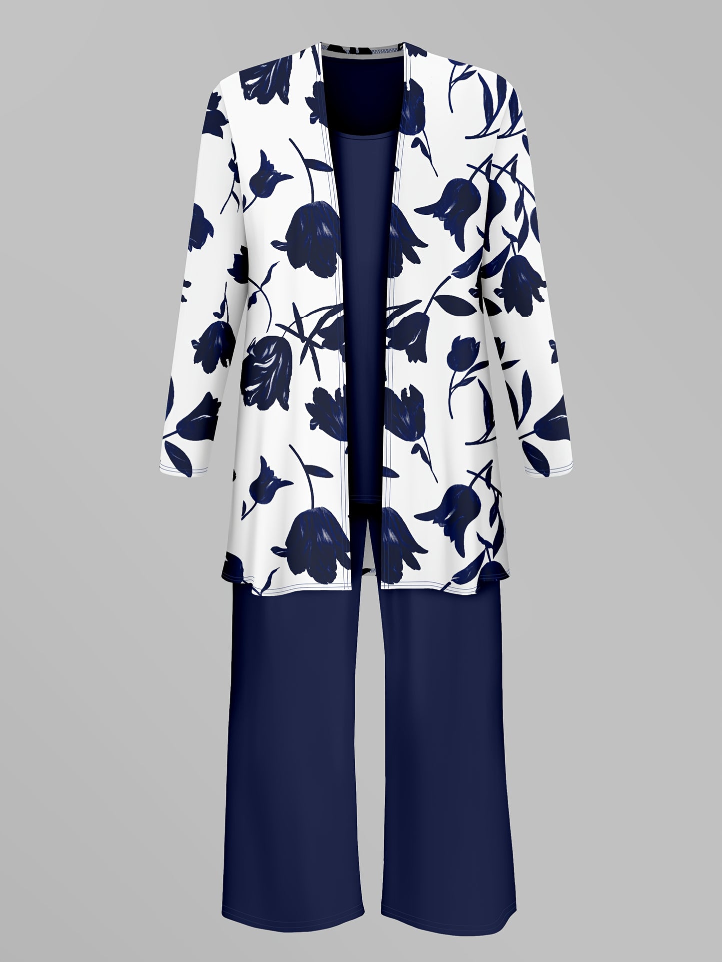 Women'S 3pcs Set, Floral Print Cardigan with Solid Color Cami and Wide-Leg Pants Casual Outfit