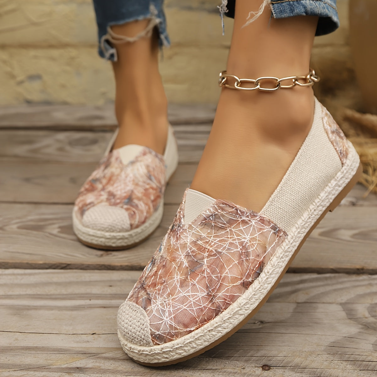Women's Breathable Slip-On Loafers - Soft Sole Casual Walking Shoes, Lightweight & Comfortable, Beige Floral Pattern Fabric Upper, PU Cover Sole, Perfect for Casual Attire, Allseason Loafers | Slipon Comfort | Soft Sole Shoes