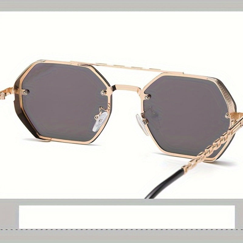 1pc Stylish Polygonal Golden Frame Fashion Glasses with Chain Link Design - Black Metal Fashion Glasses for Fashion-Forward Look