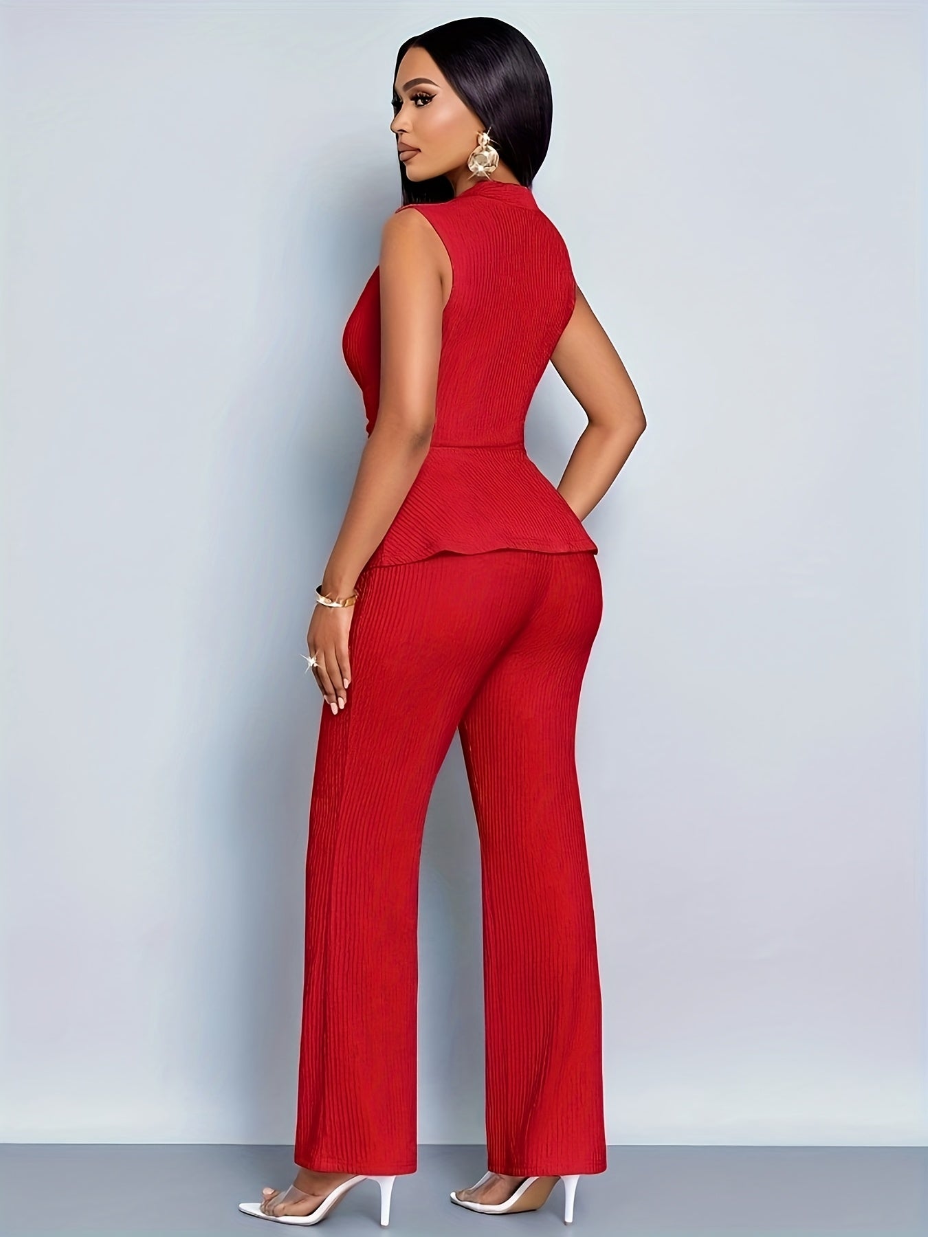 Elegant Women'S Two-Piece Set, Sleeveless V-Neck Top & Wide-Leg Pants, Solid Color, Asymmetrical Design, All-Season Casual Wear, Casual Attire | Asymmetrical Top | Wideleg Pants