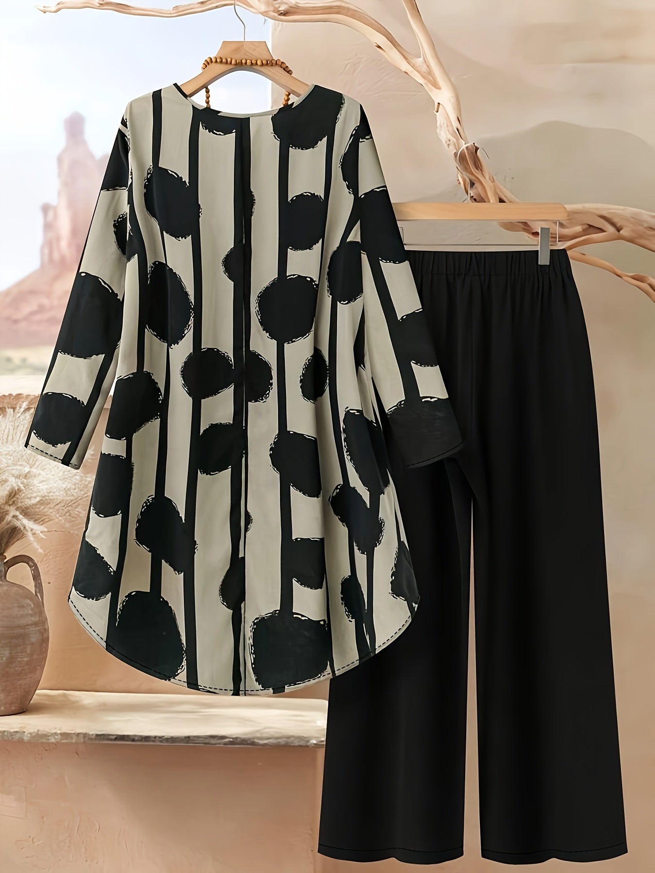 Plus Size, Women's Plus Size Printed Elegant Loose Long Sleeve Top and Pants Set