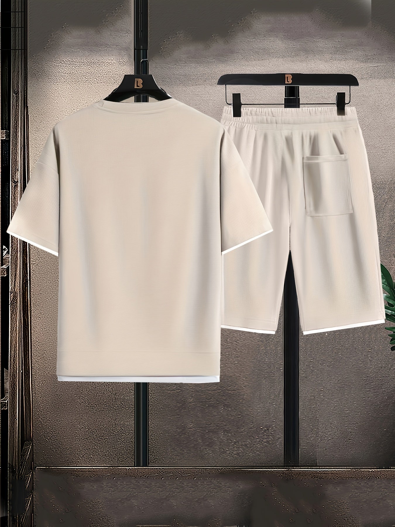 Waffle Grid Men's Trendy Round Neck T-shirt Breathable Casual Sports Suit Loose Two-Piece Set