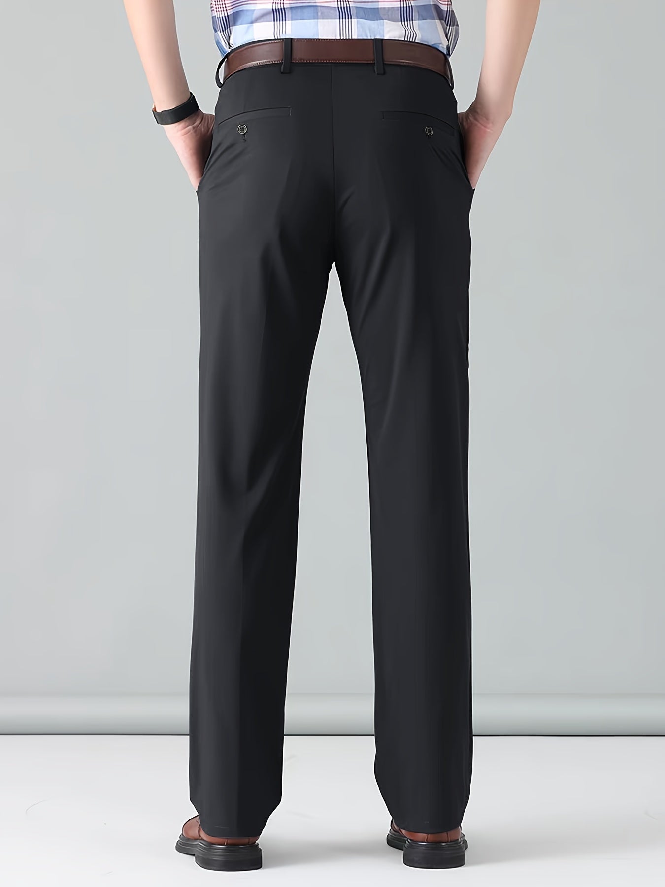 Men's Classic Straight Fit Pants - Lightweight Polyester Blend, High Waist, Button Closure, Suitable for Year-Round Wear