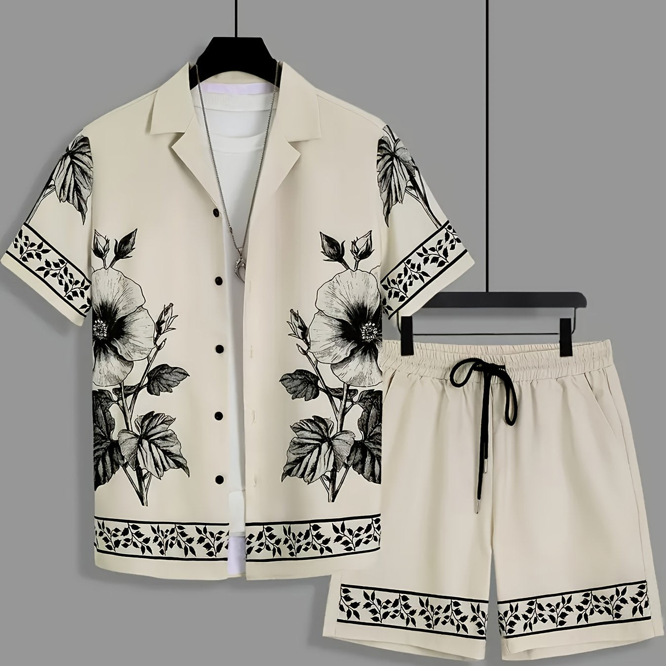 Men'S Two Sets Summer Print Short-Sleeved Shirts + Drawstring Sports Shorts Sets Suitable for Casual Hawaiian Vacation Sports Wea