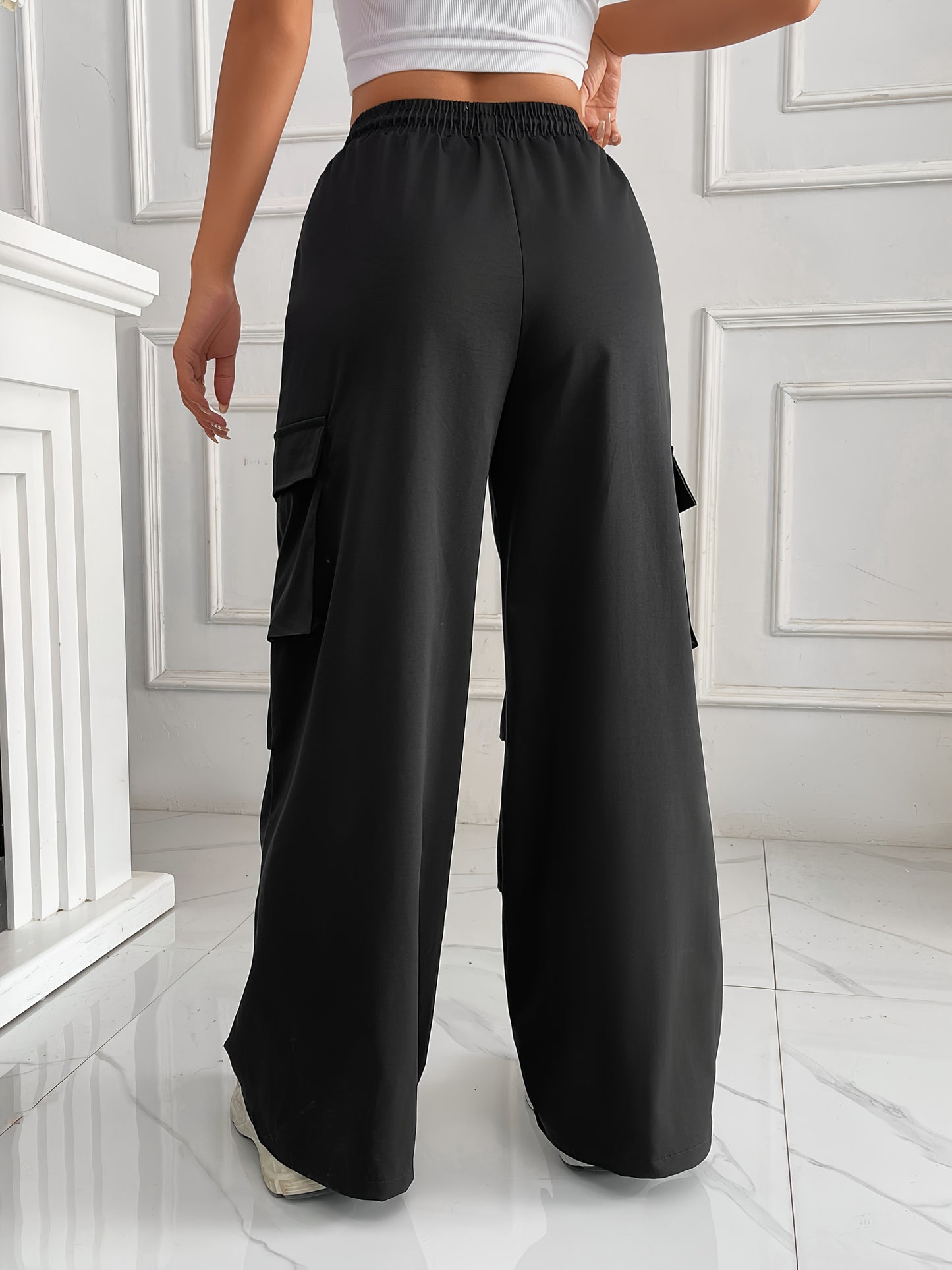 Women's Casual Cargo Pants with Multiple Pockets & Adjustable Drawstring Waist - Black Straight-Leg Workwear-Style Trousers for Spring Summer Fall, Machine Washable Non-Stretch Fabric