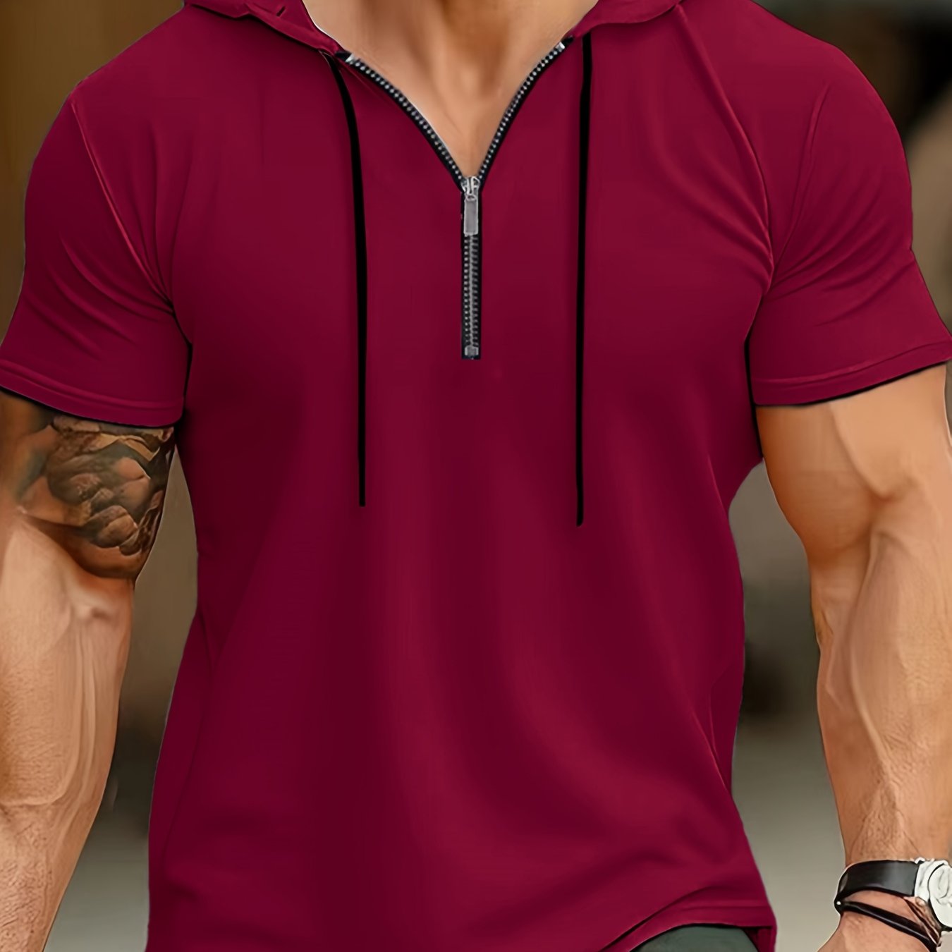 1pc Men's Light Blue Casual Hooded Short Sleeve T-Shirt with 1/4 Zipper, Breathable Stretch Fabric for Gym, Outdoor & Summer Wear, Gym Apparel, Stylish Contrast Detailing, Comfortable Fit