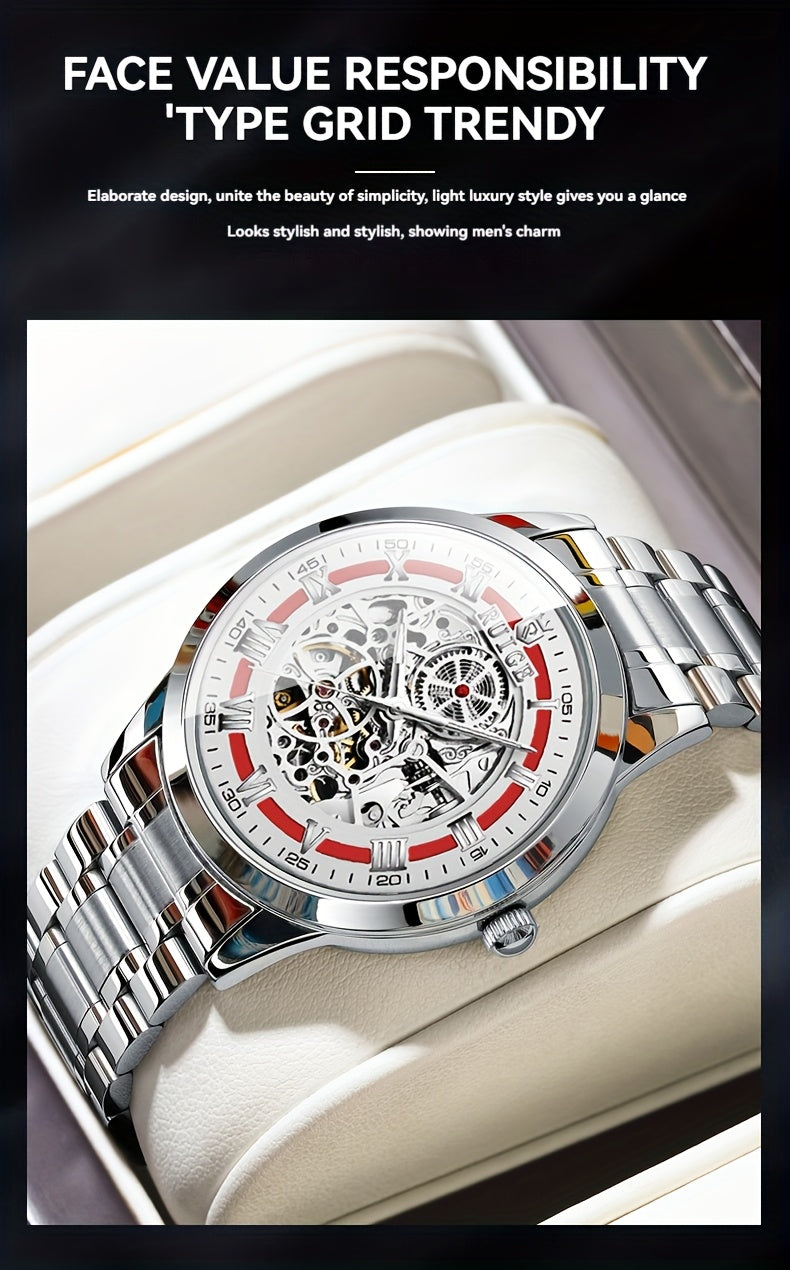 Dianpai Men'S Luxury Automatic Mechanical Watch - Skeleton Design, Stainless Steel Strap, Blue & White Dial, Mechanical Movement, Ideal for Christmas, Thanksgiving, and Spring Festival, Without Battery