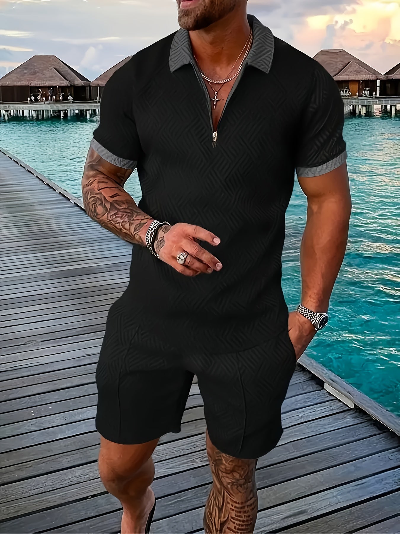 Men'S Tropical Print Casual Suit - Black Short Sleeve Zipper Shirt with White Pockets Shorts, Polyester, Machine Washable, Summer Beachwear, Summer Wear | Relaxed Fit Shirt | Woven Texture