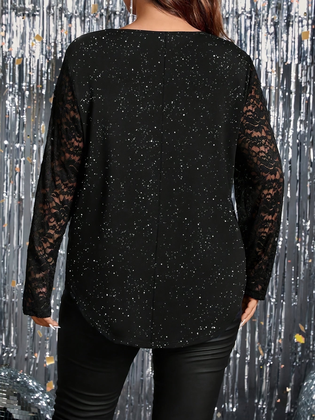 Plus Size Elegant Black Lace V-Neck Top with Glitter Dots - Long Sleeve, Stretchy & Semi-Sheer, Perfect for Spring/Summer/Fall Events, Party Attire|Sparkling Casual Top|Comfortable Fit
