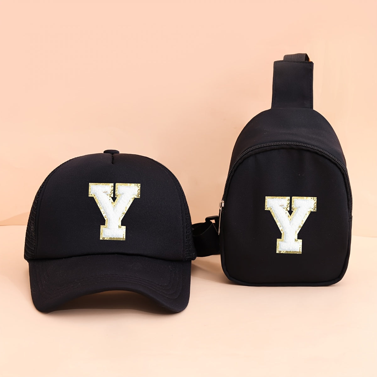 2pcs Kids' Printed Alphabet Pattern Set, Includes 1 Black Stylish Breathable Trucker Hat and 1 Black Crossbody Bag, Lightweight Sun Hat with Small Coin Purse, Suitable for Boys and Girls Aged 5-10 for Daily Outings and Back-t