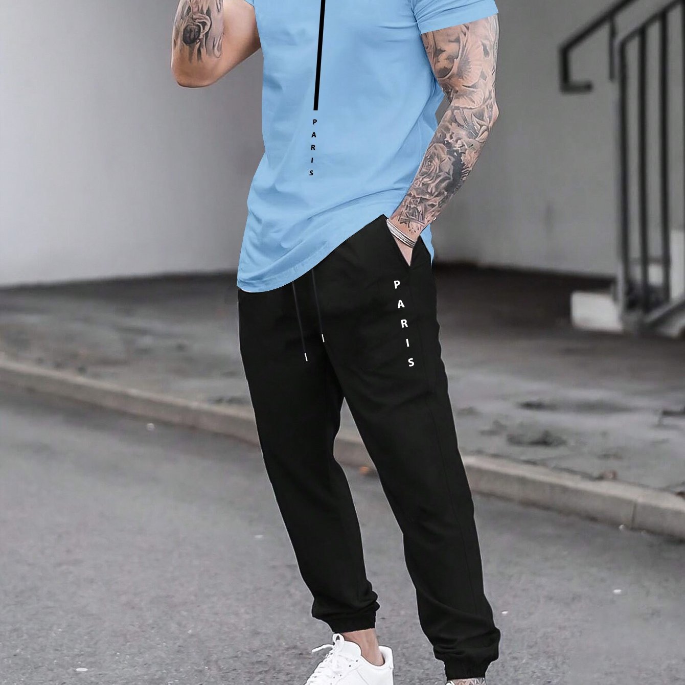 1set Men'S Casual Sportswear Set, Geometric Pattern Short Sleeve T-Shirt and Drawstring Joggers, Knitted Polyester and Elastane Blend, Round Neck, Regular Fit, Four Seasons Outfit