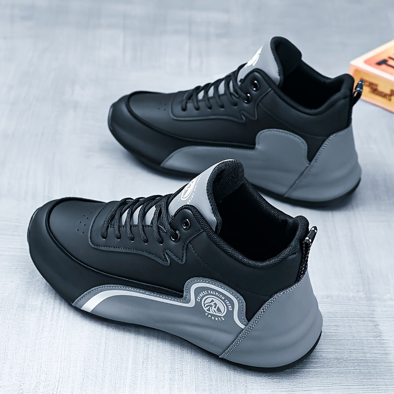 Men'S Fashion Classic Sneakers, Low Top Lace-up Athletic Shoes, Shock Absorbing Breathable Running Shoes, Durable Thick Sole Skateboard Shoes, Solid Color Graphic Design, Round Toe, Faux Upper/Sole, Fabric Inner, EVA Insole f