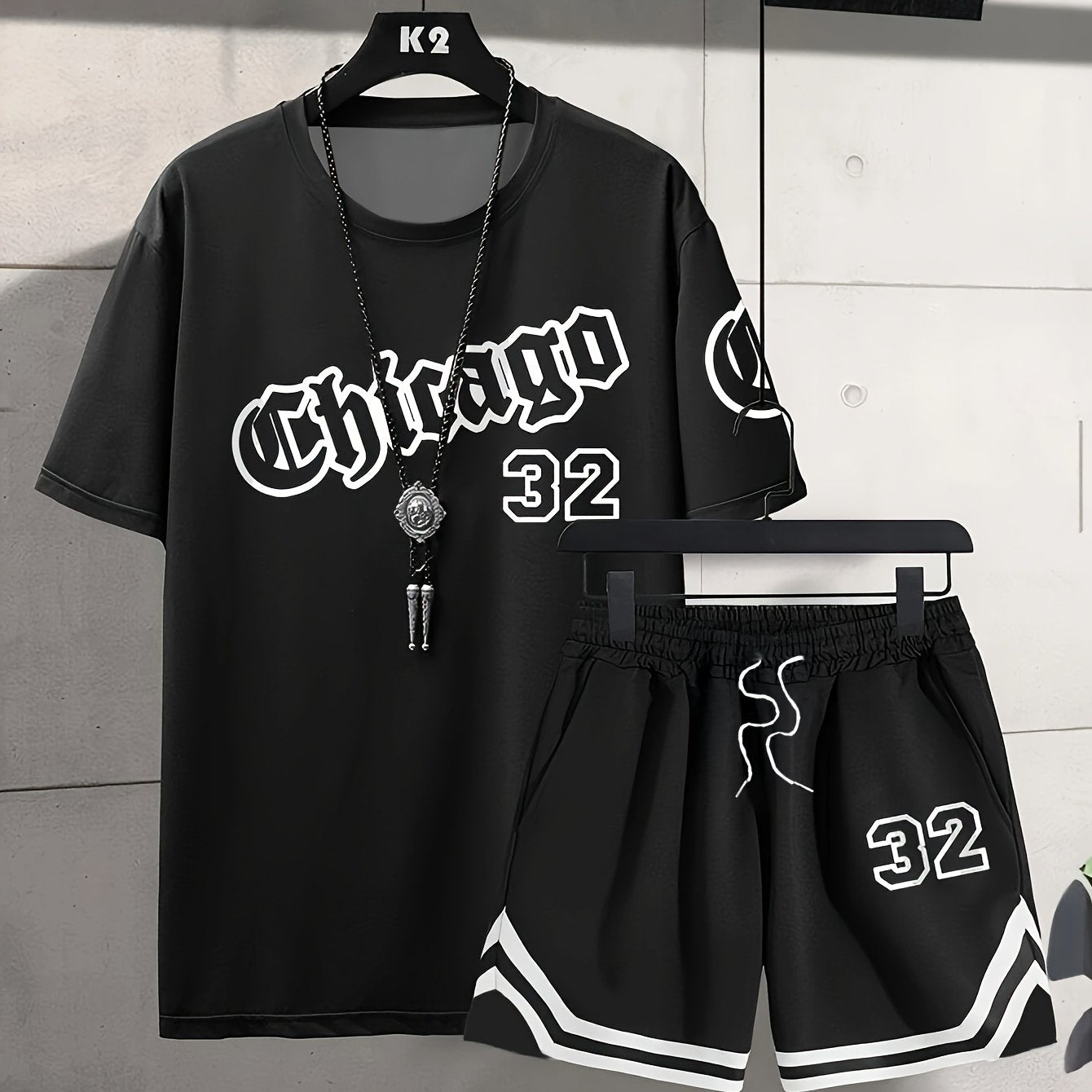 Chicago Monogram Print Men'S Short Sleeve And Shorts Set Everyday Casual Men'S T-Shirt Street Fashion Sports Shorts Two-Piece