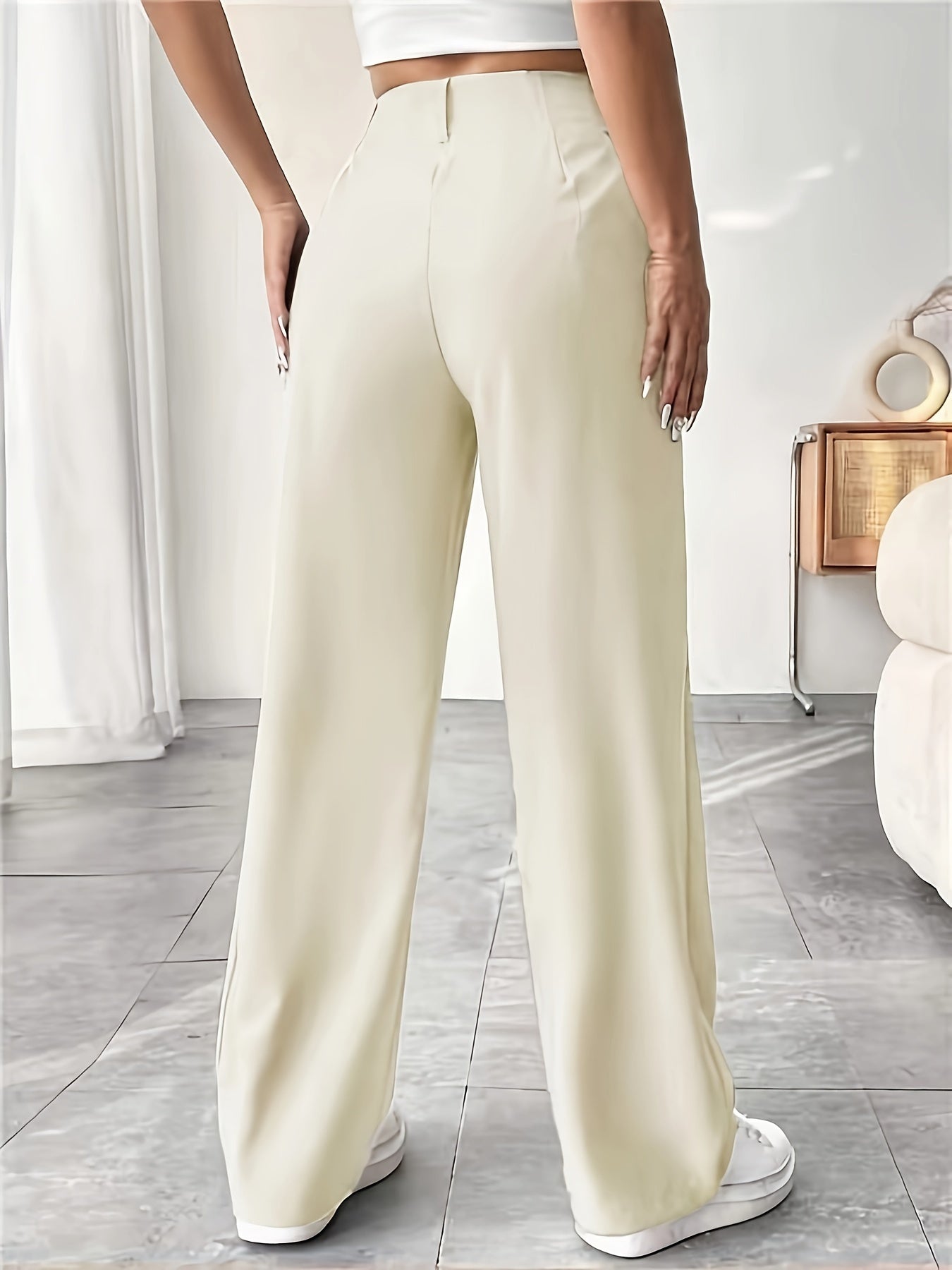 Women's Casual Wide-Leg Pants with High Waist and Slight Flare - Solid Color, Polyester, Machine Washable