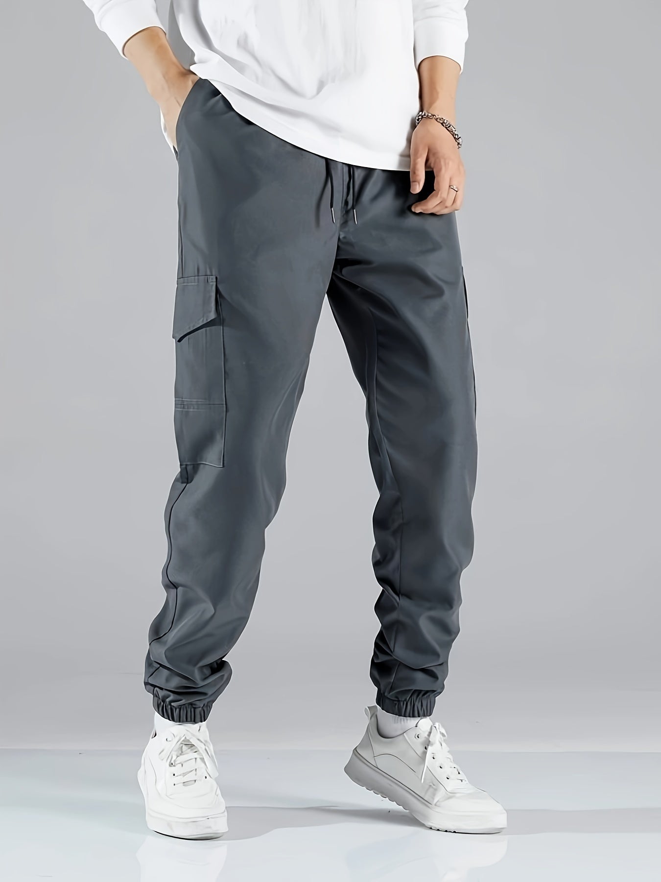 Men's Casual Athletic Cargo Pants - Solid Color, Polyester, Machine Washable with Multiple Pockets