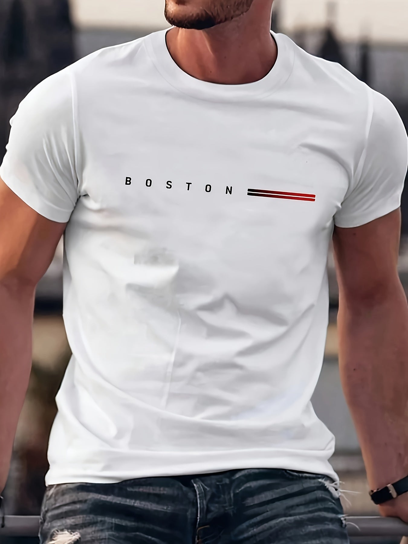 Men's Heavyweight 180gsm Cotton T-Shirt - Dark Gray Crew Neck Tee with Bold "Boston" Print, All-Season Everyday & Formal Shirt for Men - Machine Washable Luxury Casual Top, Versatile Clothing, Modern Design, Premium Fabric, S