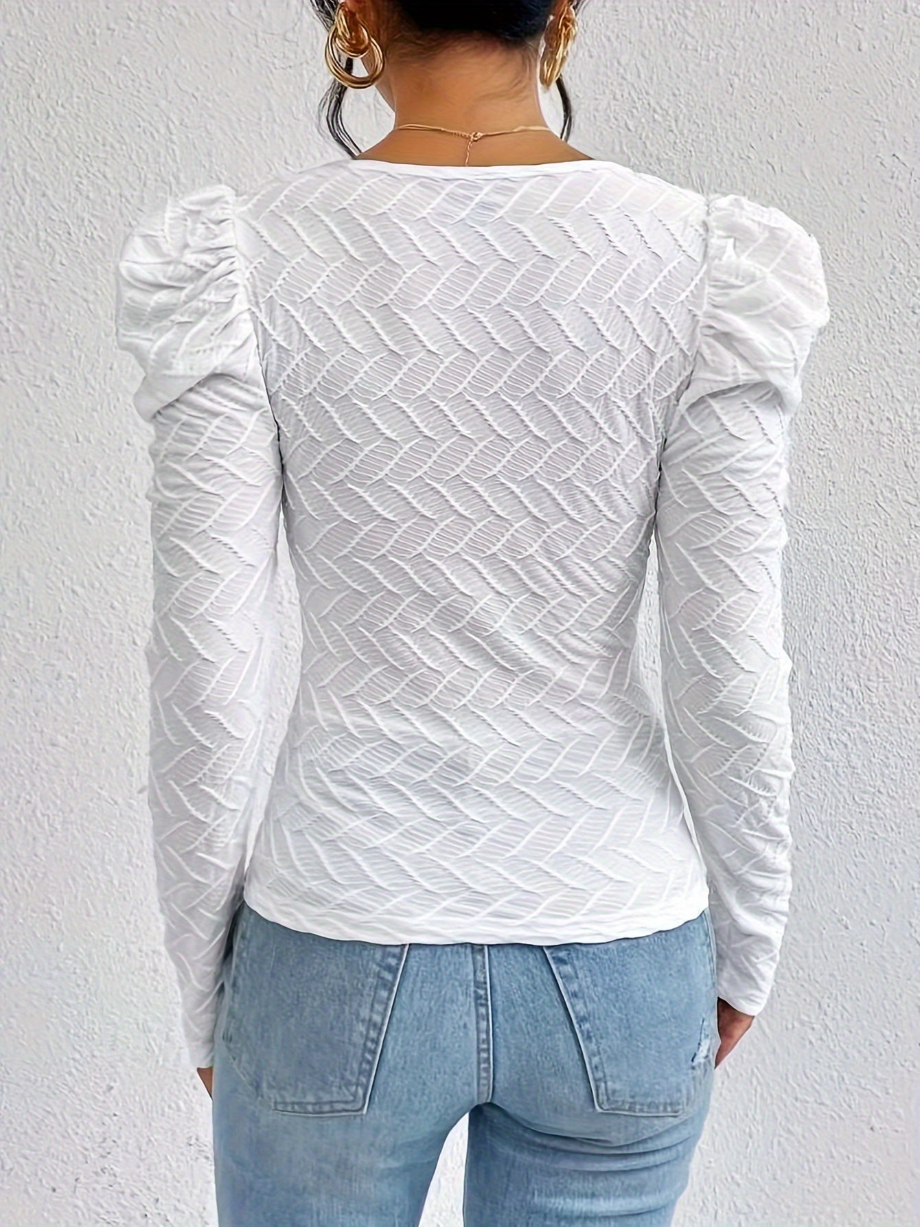 Women'S Elegant Solid Color Square Neck Long Sleeve T-Shirt - Chic Pleated Design, Regular Fit, Versatile for All Seasons