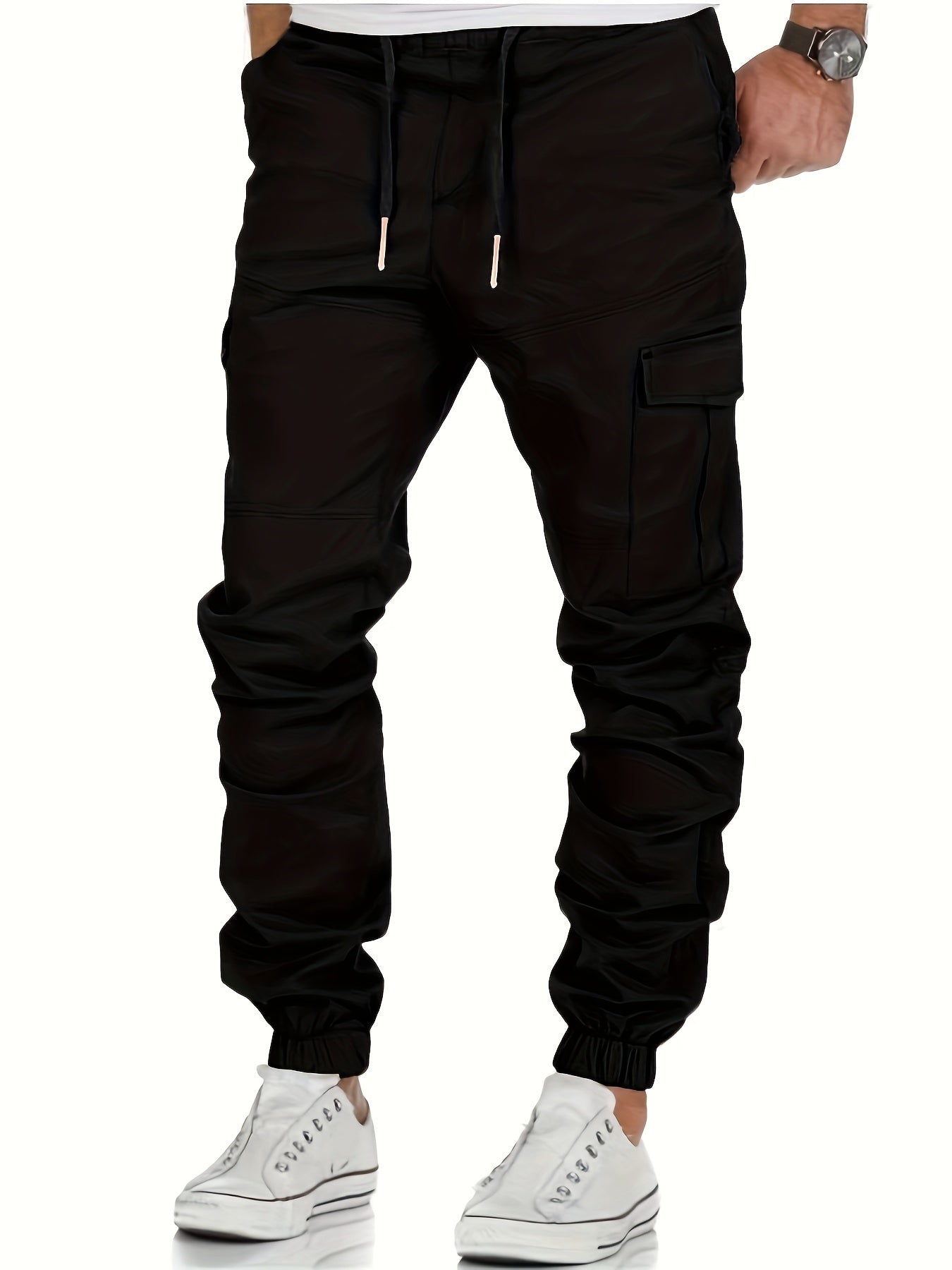 Men's Trendy Solid Footed Cargo Pants With Side Pocket, Comfy Casual Regular Fit Trousers For Men's Outdoor Activities