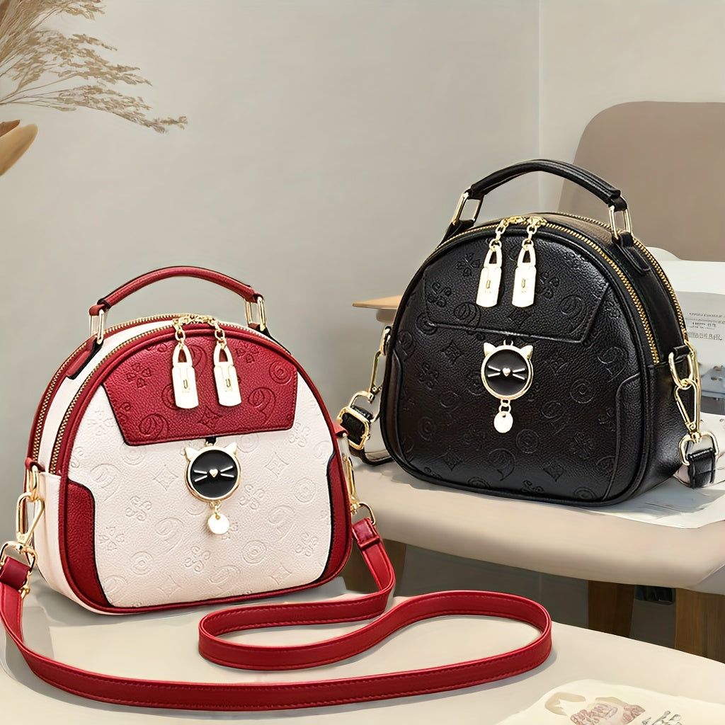 Stylish Women's Handbag - Two-Tone Red & White Design, Embossed Floral Pattern, Adjustable Crossbody Strap, Golden-Tone Hardware, Perfect for Casual Outings & Commuting, Ladies Handbags