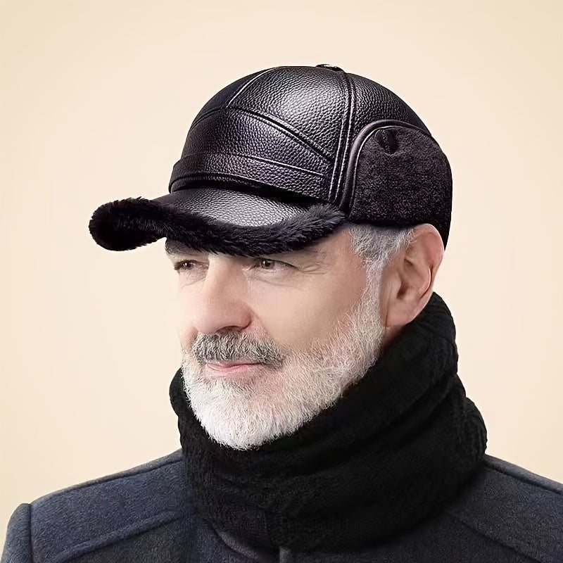 Street Style Men's Winter Cap with Ear Warmers, Faux Leather Earflap Hat for Elderly, Warm Duckbill Cap for Cold Weather