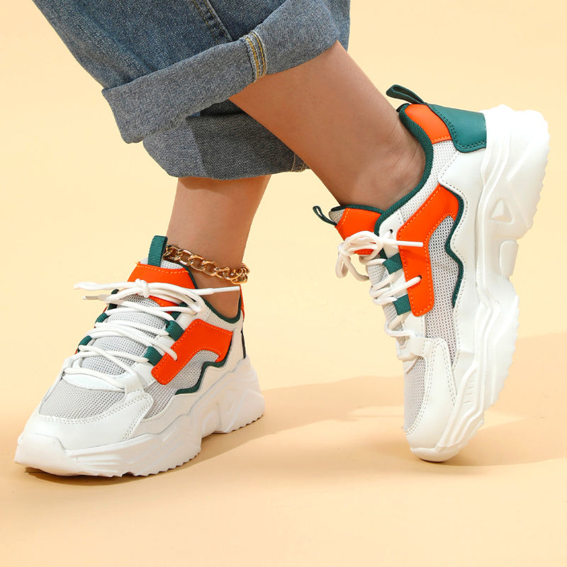 Women's Breathable Mesh Sneakers - Lightweight Lace-Up Sneakers with Contrasting Color Design, White Base with Green & Orange Accents, Perfect for Tennis, Outdoor Activities, and Casual Attire, Casual Sneakers | Casual Sneake