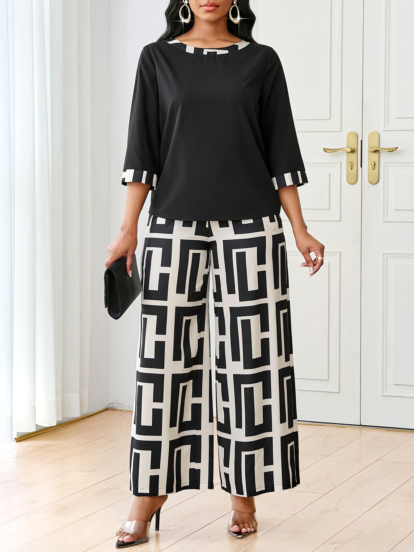 Women's Elegant Spliced Round Neck Top + Geometric Print Wide-Leg Pants Two-Piece Set