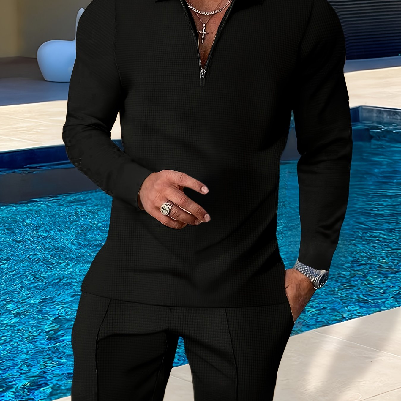 Summer Men's Casual Suit Solid Color Long Sleeve Top Long Pants Half Zipper Lapel Men's Suit Lightweight Breathable Street Casual Peplum Suit