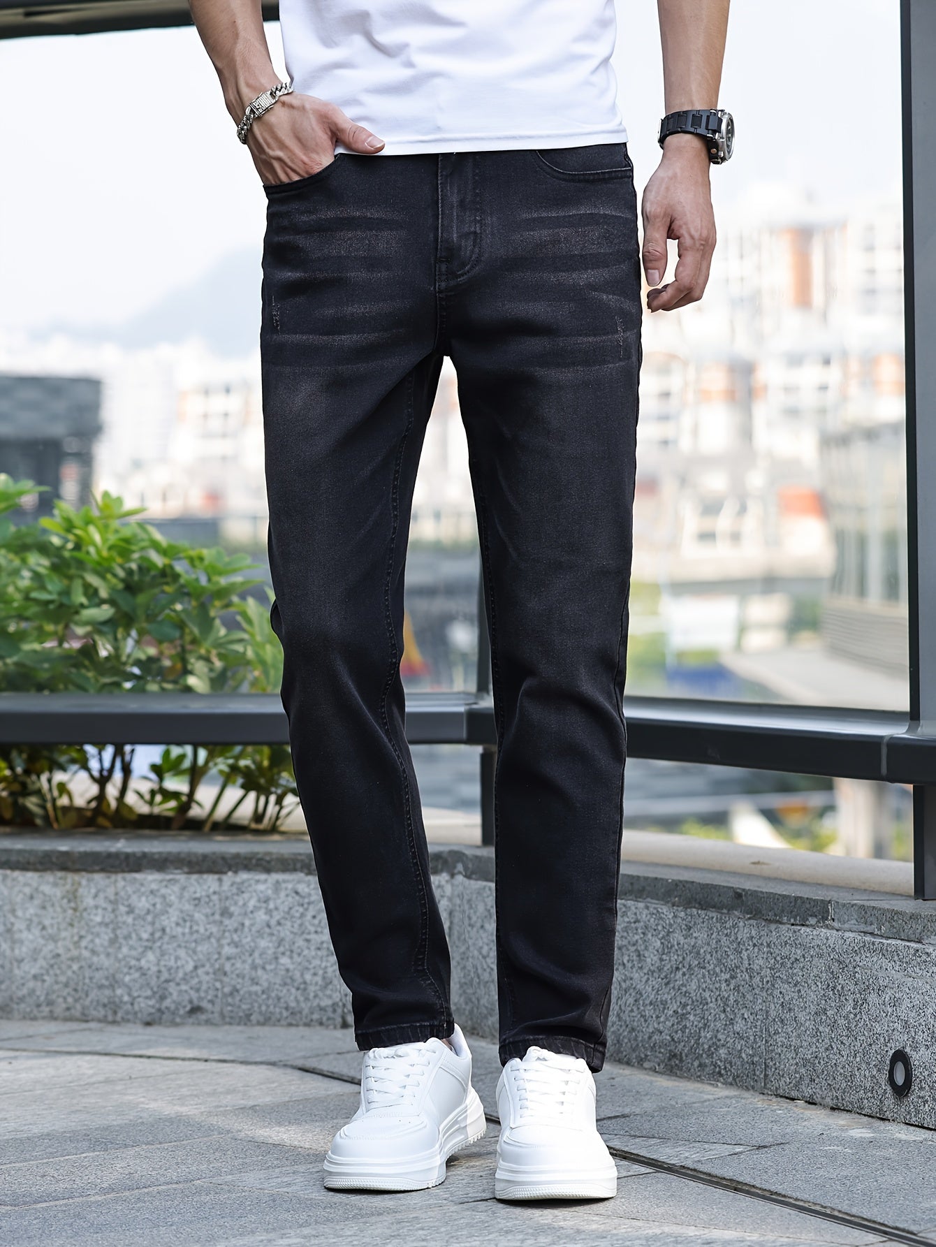 Men's Solid Skinny Cotton Blend Denim Jeans, All Seasons Wearable Medium Stretch Washed Jeans, Suitable For Daily And Outing Wear