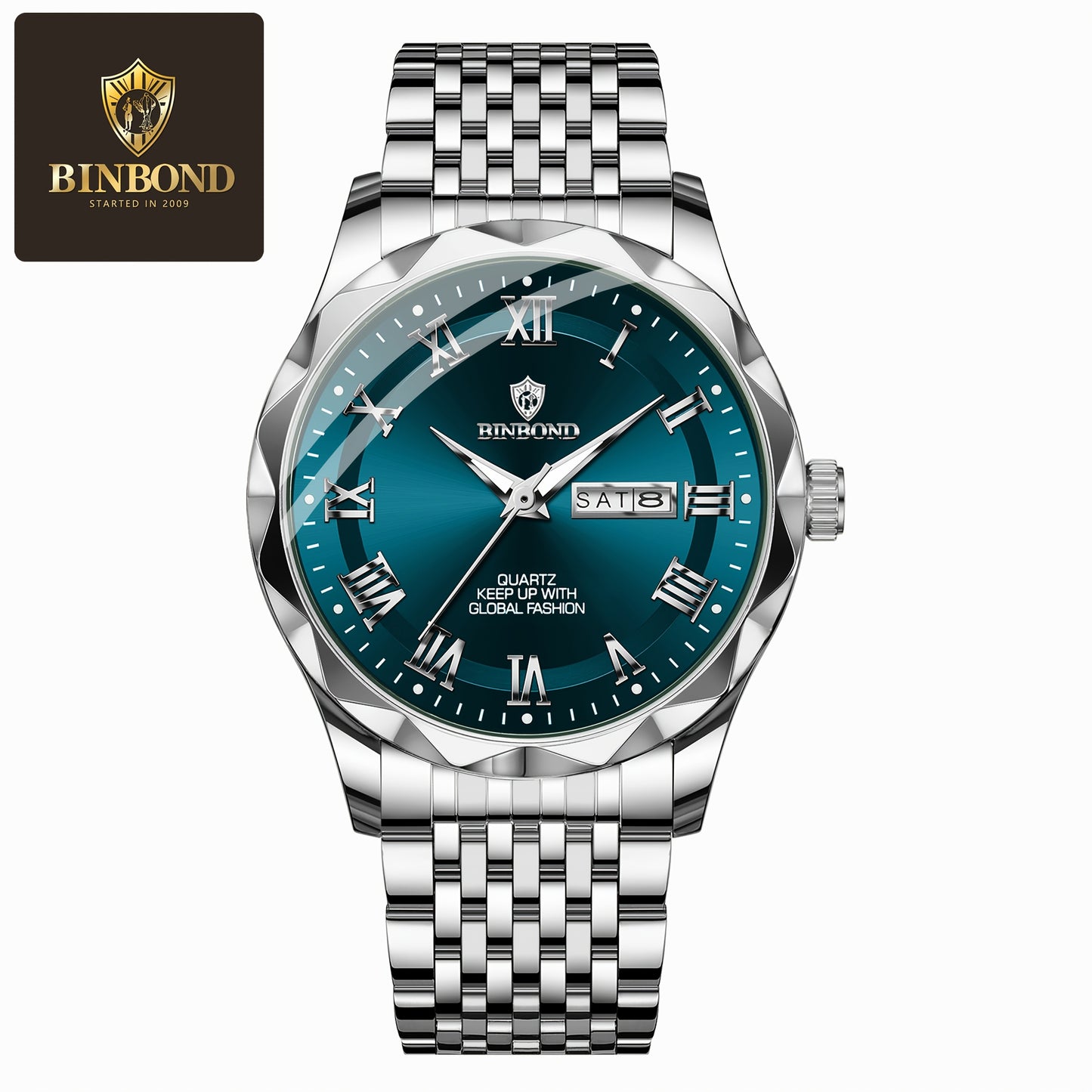 BINBOND Men'S Quartz Watch - Waterproof, Stainless Steel, Luxury Business Style with Stopwatch & Date Display, Blue & Silvery Dial, Electronic Movement, IP67 Rating, Elegant Male Wristwatch for Professional or Casual Wea