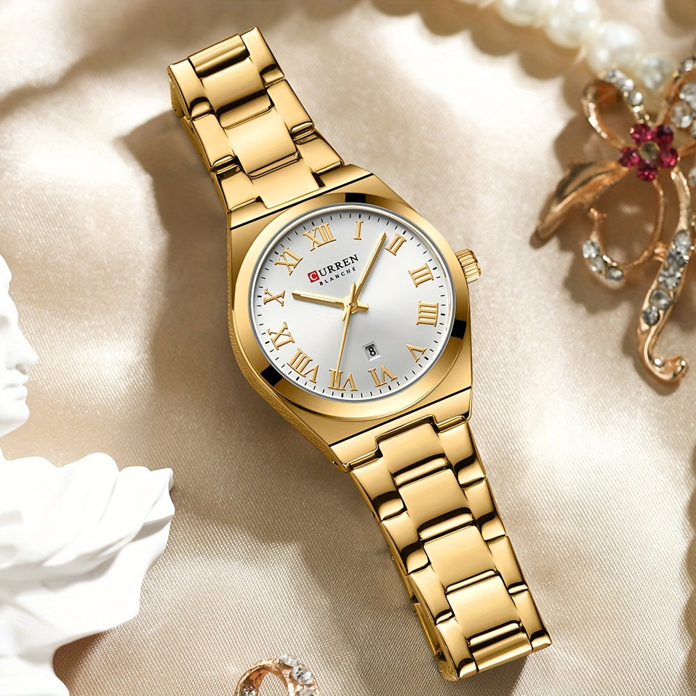 Fashionable Brand Of CURREN Ladies' Watches With A Casual And Simple Stainless Steel Strap, Featuring A Calendar And Quartz Movement.