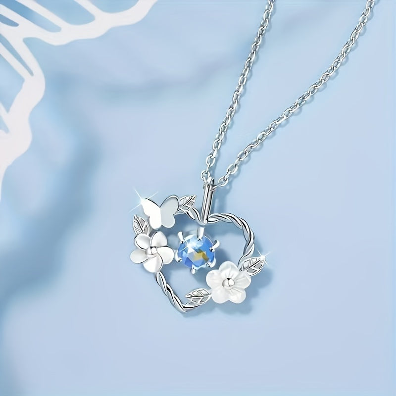 Elegant Heart Pendant Necklace with Synthetic Blue Gem and Floral Design for Women, Glass Main Material, Non-Plated, Ideal for Daily Wear and Valentine's Day Gift - All Season Compatible