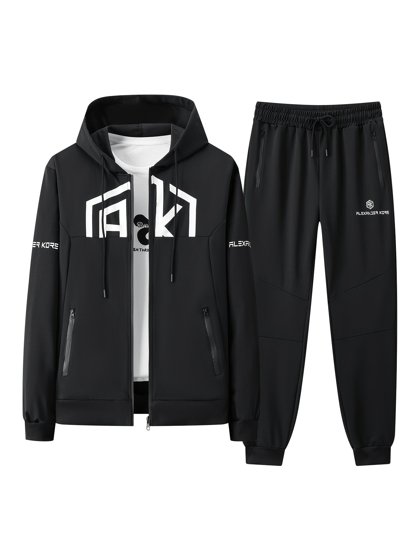 Men's AK Letter Print Long Sleeves Hoodies With Zipper Detail & Long Pants Two-piece Set, Slight Stretch Comfortable Clothing For Spring And Autumn
