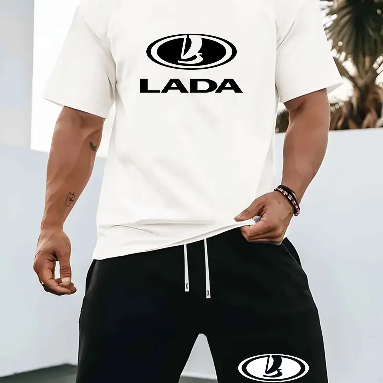 Men'S Summer Casual Sport Two-Piece Set - LADA Letter Pattern Print T-Shirt and Black Drawstring Shorts, Casual Sportswear, Regular Fit - Perfect for Summer Outdoor