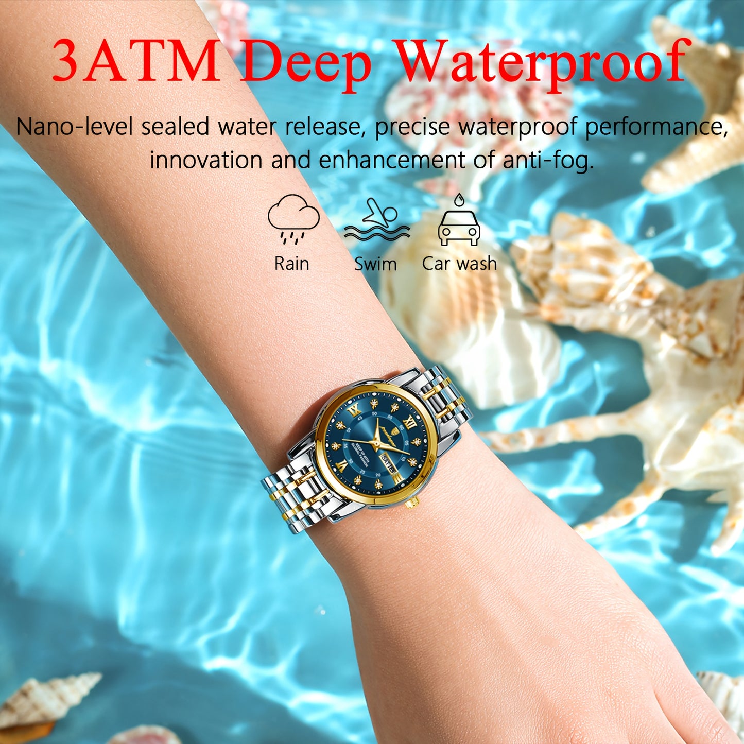 POEDAGAR Elegant Stainless Steel Quartz Watch for Women, Luminous Calendar, Round Alloy Case, Trendy Korean Style, Non-Rechargeable Battery, Watch Accessories