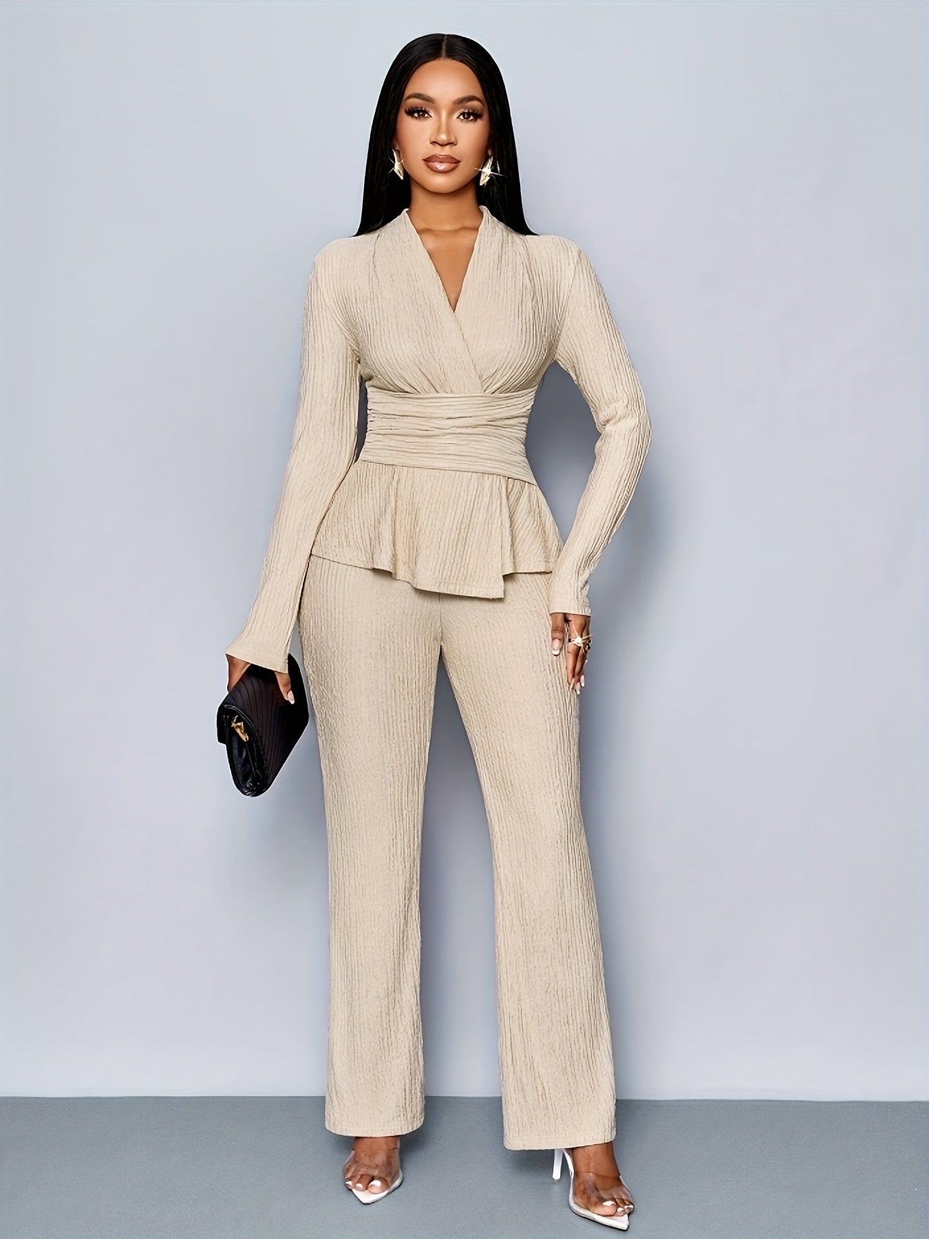 Elegant Women'S V-Neck Long Sleeve Top and Wide Leg Pants Two-Piece Set, Asymmetrical Hem Two-Piece Outfit for Casual Daily Wear, Winter Women'S Clothing